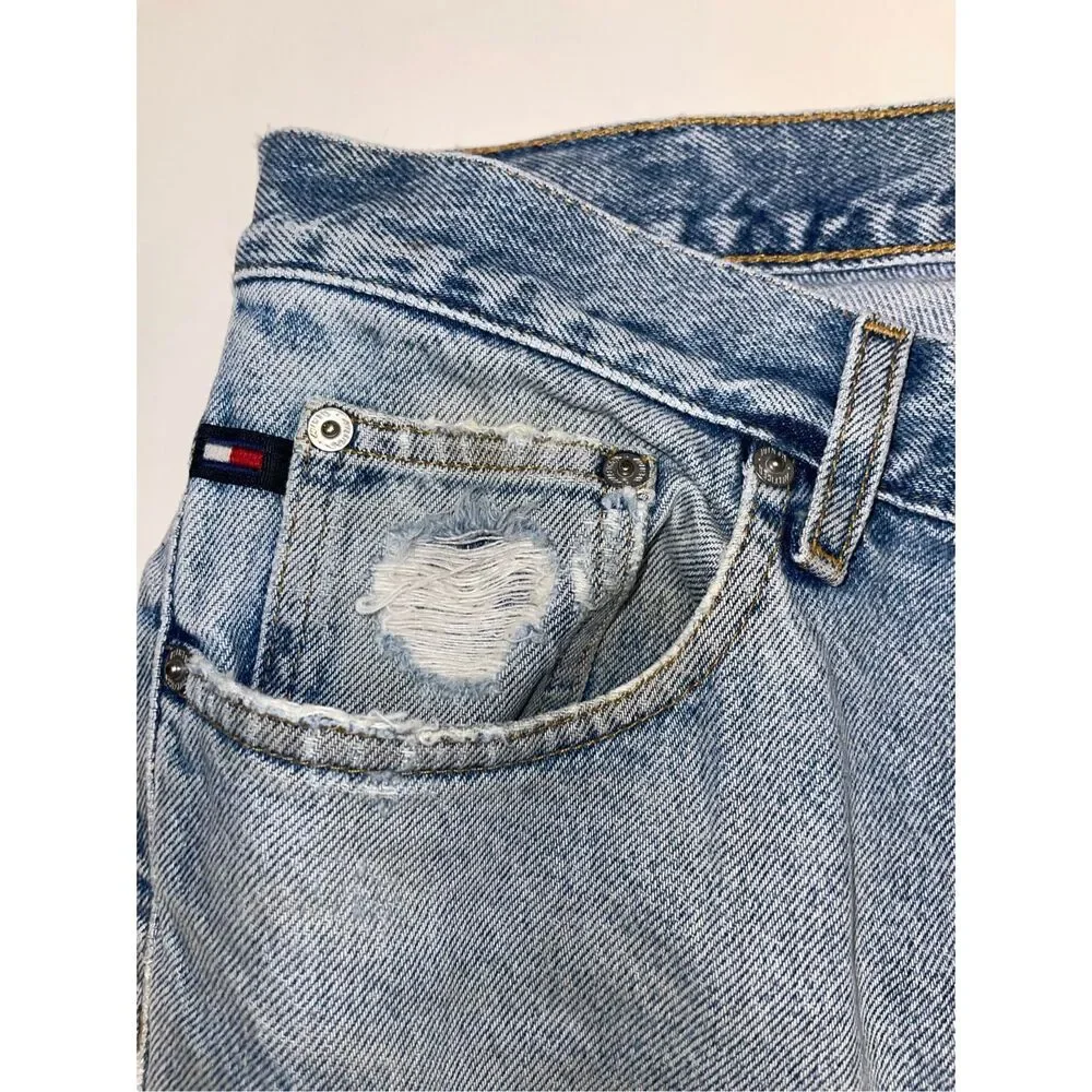 Tommy Hilfiger Jeans Mens 34x32 Blue Distress Whisker Grunge‎ Denim 1985 VTG